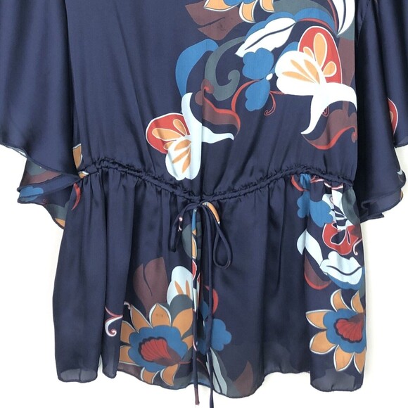 Colorful Floral Top Oversize S Butterfly Short Sleeve Navy Satin Blouson Slouchy - Picture 8 of 12